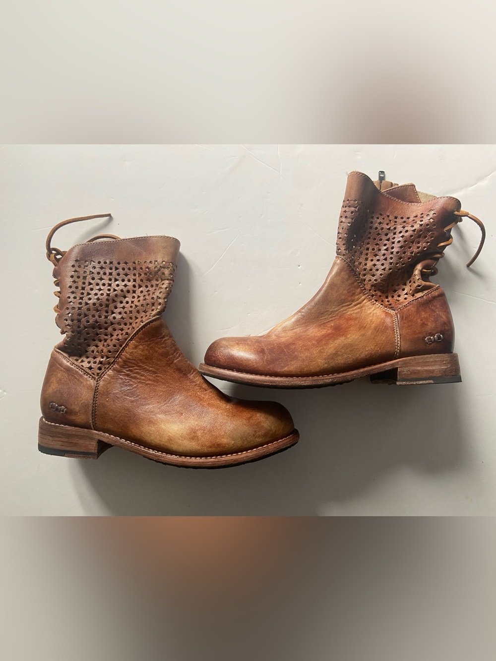 Bed Stu Distressed Brown Leather Perforated Ankle Boots